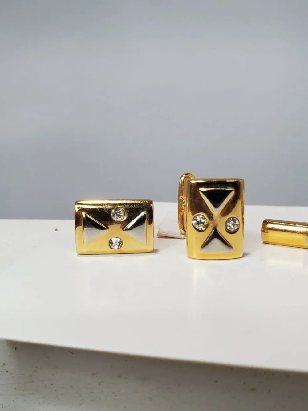 Vintage 14K Gold-Plated Brass & Rhinestone Tie Clip & Cufflinks 3-Piece Set